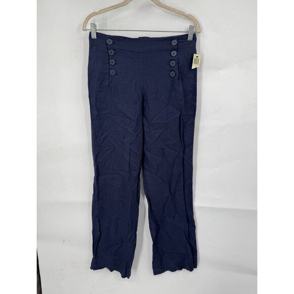 Max Studio 100% Linen Pant NEW Women 0 Navy Blue Straight Leg Minimalist Mature - Picture 1 of 8